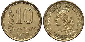 Аргентина 10 сентаво 1970 голова свободы влево KM 66 алюминиевая бронза XF-UNC 4181-215