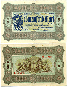 КОБЛЕНЦ 10000 МАРОК 1923 НОТГЕЛЬД, 2 МАЯ 1923, ЗЕМЛЯ РЕЙНЛАНД-ПФАЛЬЦ бумага 2192-72-2