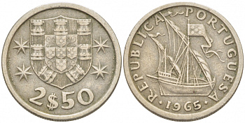 ПОРТУГАЛИЯ 2,5 ЭСКУДО 1968 ПАРУСНИК KM 590 медно-никель 3718-313