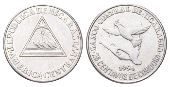 Никарагуа 25 сентаво 1994 голубь мира KM 82 хромированная сталь UNC 4625-221