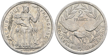 Французская Новая Каледония 2 франка 1987 птица кагу, (IEOM) KM 14, Schoen 11, Lec 64 алюминий    27-1055