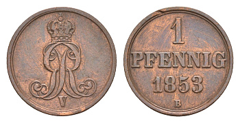 Ганновер 1 пфенниг 1853 B, Георг V (1851-1866) KM 221, AKS 155, J. 83 медь    4658-1056
