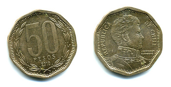 Чили 50 песо 2010 Бернардо О’Хиггинс KM 219.2 алюминиевая бронза 35-645