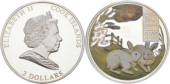 Острова Кука 2 доллара 2011 год Кролика, два белых кролика, цветная эмаль KM NEW серебро PROOF 1091-9-54