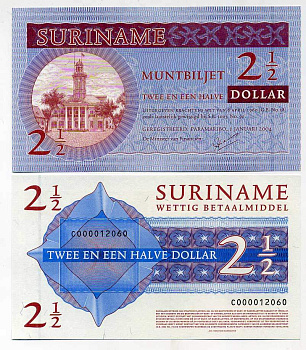 Суринам 2 1/2 доллара 2004 Парамарибо  Pick 156 бумага UNC (пресс) 445-60-1