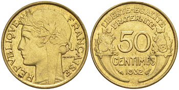 ФРАНЦИЯ 50 САНТИМОВ 1932 ТИП MORLON, OPEN 9, С ЯГОДОЙ KM 894.1, LE FRANC 192.7 алюминиевая бронза 44-714