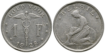 БЕЛЬГИЯ 1 ФРАНК 1928 BELGIE KM 90 никель 179-835