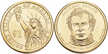 США 1 доллар 2009 P, серия президенты США, Закари Тейлор (1849-1850) KM 451 медь с марганцево-латунным покрытием UNC M31-08