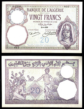 Алжир 20 франков 1928 женщина, мальчики Pick 78 b бумага 451-1246-1