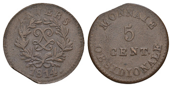 Франция, Осада Антверпена 5 сантимов 1814 Людовик XVIII KM 4 бронза 1519-432