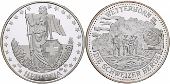 ШВЕЙЦАРИЯ МЕДАЛЬ ND СЕРИЯ ШВЕЙЦАРСКИЕ ГОРЫ, ГОРА ВЕТТЕРХОРН ВЫСОТА 3701 МЕТР, 1 OZ серебро PROOF 01-144-21
