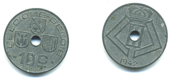 Бельгия 10 сантимов 1942 Belgique - Belgie, Леопольд III (1934-1947), германская оккупация, Вторая мировая война KM 125 цинк 25-244
