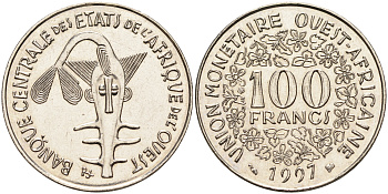Валютное сообщество стран Западной Африки 100 франков 1997  KM 4 никель  UNC  4595-817