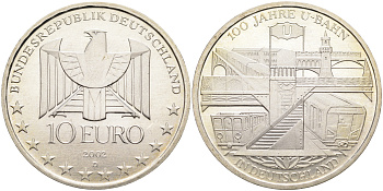 ФРГ 10 евро 2002 D, 100 лет немецкому метро KM 216, DE.S. 10.2 серебро PROOF 11-070-13