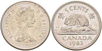 Канада 5 центов 1983 Елизавета II (1952-2022), бобер KM 60.2а медно-никель    4148-1236