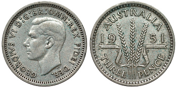 Австралия 3 пенса 1951 m, Георг VI (1937-1952), без букв KM 44 серебро 71-311