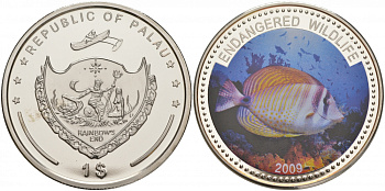 Палау 1 доллар 2009 серия вымирающие виды, рыба зебрасома (Zebrasoma veliferum), цветная эмаль KM 285 медно-никель PROOF 1081-1-52
