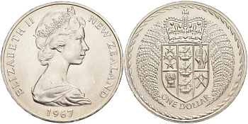 Новая Зеландия 1 доллар 1967 переход на десятичную систему, Елизавета II (1952-2022)  KM 38.1 медно-никель UNC 4552-1035