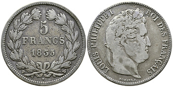 Франция 5 франков 1835 W, Луи Филипп I (1830-1848) KM 749.13 серебро 1066-6-45