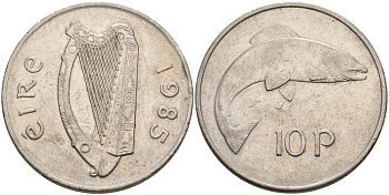 Ирландия 10 пенсов 1985 лосось KM 23 медно-никель 88-743