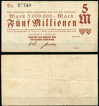 Германия, Биркенфельд 5000000 марок 1923 нотгельд, 11.09.1923 бумага 444-106-2-1