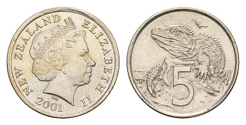 Новая Зеландия 5 центов 2001 Елизавета II (1952-2022), ящерица гаттерия KM 116 медно-никель UNC 4651-228