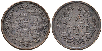 Нидерланды 1/2 цента 1928 Вильгельмина (1890-1948) KM 138 бронза 4576-468
