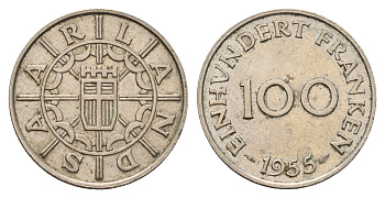 Саар 100 франков 1955 год-тип KM 4 медно-никель 77-745