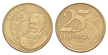 Бразилия 25 сентаво 2003 KM 650.1 сталь плакированная латунью 4642-1122