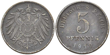 ГЕРМАНИЯ 5 ПФЕННИГОВ 1919 E KM 19, J. 297, Weege 5 железо 206-724