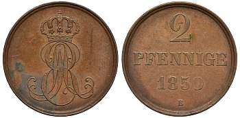 Ганновер 2 пфеннига 1850 B, Эрнст Август (1837-1851) KM 202.1, AKS 124, J. 75 медь 75-1944
