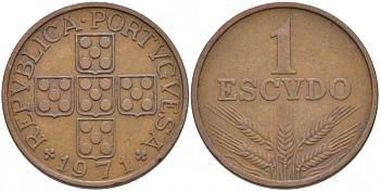 Португалия 1 эскудо 1971 KM 597 бронза 3718-413