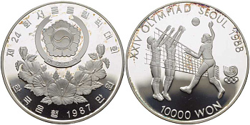 Южная Корея 10000 вон 1987 XXIV Летние Олимпийские игры в Сеуле 1988 года, волейбол KM 63 серебро PROOF 00-00