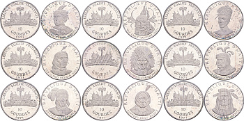 Гаити официальный набор из 9 монет по 10 гурдов 1971 вожди Американских индейцев, в оригинальном буклете, монеты в запайке KM 79, 80, 81, 82, 83, 84, 85, 86, 87 серебро PROOF 00-00-00