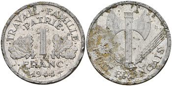 Франция 1 франк 1944 LB, тип Lourde, правительство Виши KM 902.1 алюминий 4142-936