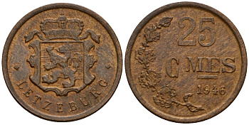 Люксембург 25 сантимов 1946 Шарлотта (1918-1964) KM 45 бронза 4115-139