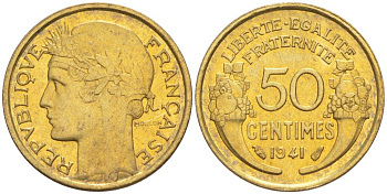 ФРАНЦИЯ 50 САНТИМОВ 1941 ТИП MORLON KM 894.1, LE FRANC 192.18 алюминиевая бронза 44-448
