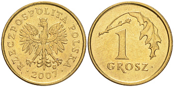 ПОЛЬША 1 ГРОШ 2007 MW KM 276 латунь UNC 4516-828