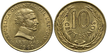 Уругвай 10 сентесимо 1960 ARTIGAS KM 39 никель латунь 4577-641
