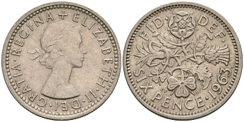 Великобритания 6 пенсов 1963 Елизавета II (1952-2022) KM 903, Spink 4149 медно-никель 4596-1046