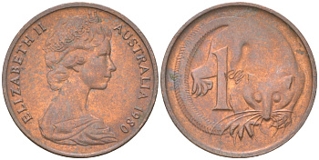 Австралия 1 цент 1980 Елизавета II (1952-2022), опоссум KM 62 бронза 4621-1065