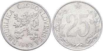 Чехословакия 25 геллеров 1953 KM 39 алюминий 4163-1254
