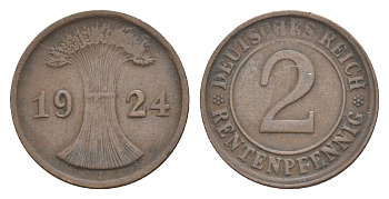 Германия 2 рентенпфеннига 1924 E KM 31, J.307, Weege 3 медь 4639-1236