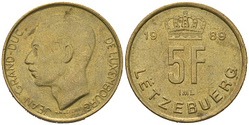 Люксембург 5 франков 1989 Великий герцог Жан (1964-2000) KM 65 алюминиевая бронза 4619-642