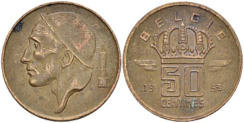 Бельгия 50 сантимов 1953 Belgie, Бодуэн I (1951-1993) KM 149.1 бронза 4528-963