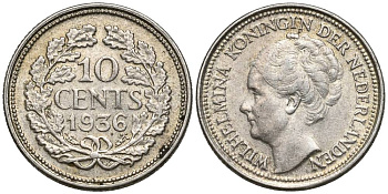 Нидерланды 10 центов 1936 Вильгельмина I (1890-1948) КМ 163 серебро 4549-1044