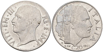 ИТАЛИЯ 20 ЧЕНТЕЗИМО 1941 R, ГОД XIX, ВИКТОР ЭММАНУИЛ III (1900-1946) KM 75b, VEM3. 1028 нержавеющая сталь 3853-921