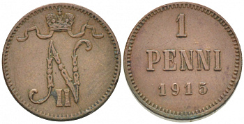 РОССИЯ ДЛЯ ФИНЛЯНДИИ 1 ПЕННИ 1915 НИКОЛАЙ II KM 13, Биткин 475 медь 261-1131