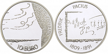Финляндия 10 евро 2009 Фредрик Пациус, композитор KM 148 серебро  PROOF 1077-8-62