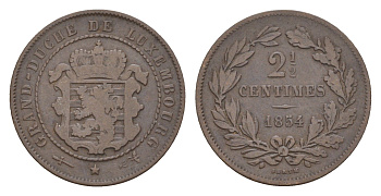 Люксембург 2 1/2 сантима 1854 Виллем III (1849-1890) KM 21 бронза 4655-239